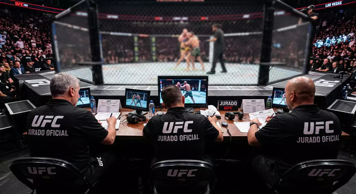 Jueces de UFC evaluando combate desde sus asientos