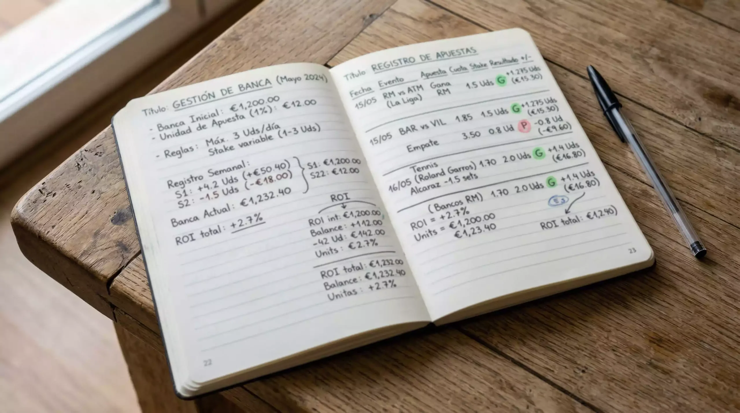Libreta con registro de apuestas y gestión de bankroll