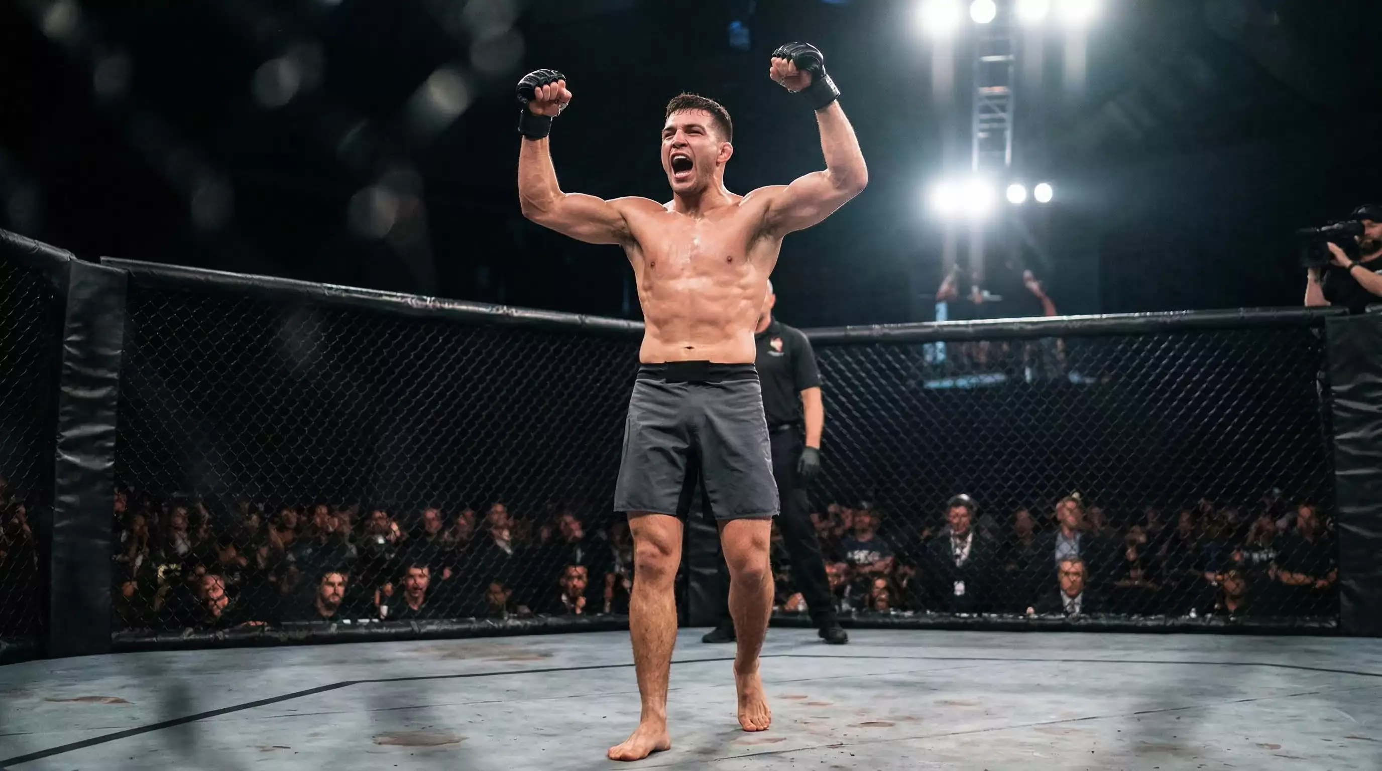 Luchador de MMA celebrando una victoria en el octagono