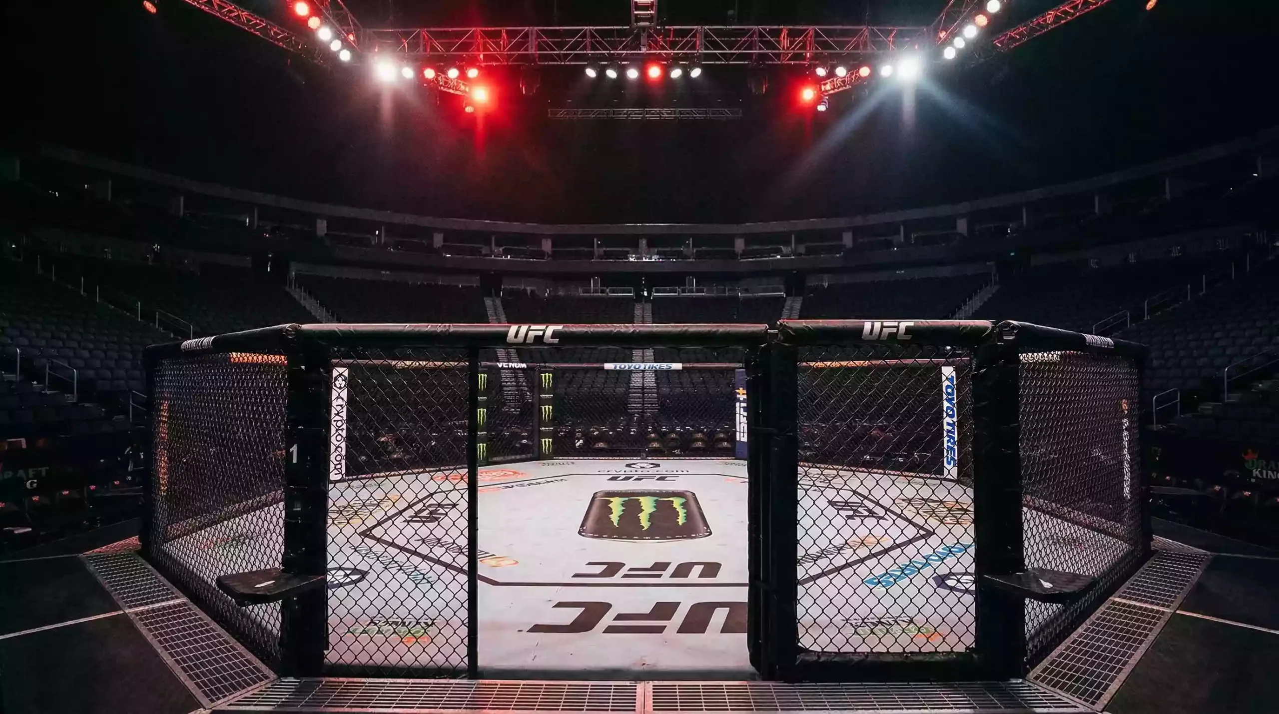 Octagono de UFC iluminado durante un evento en vivo