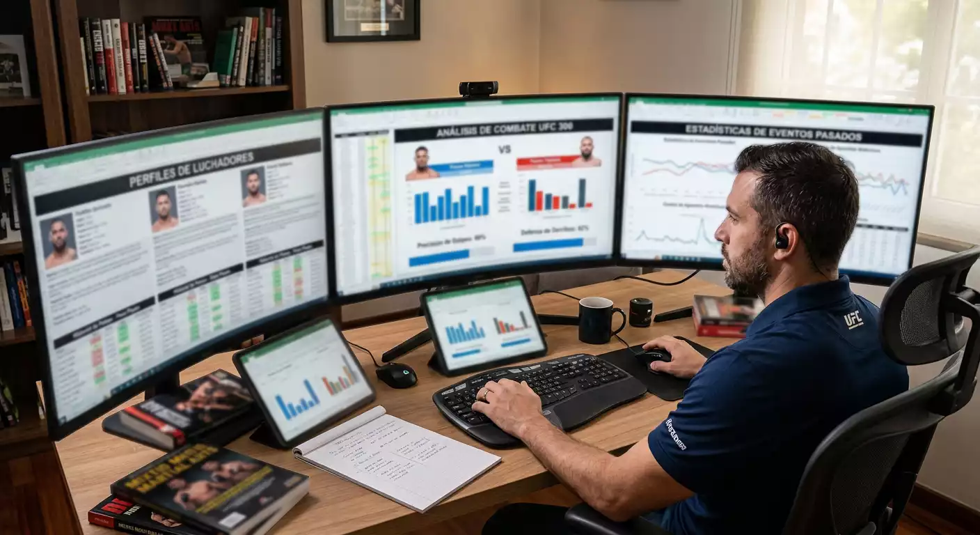Analista revisando estadísticas de luchadores UFC en ordenador