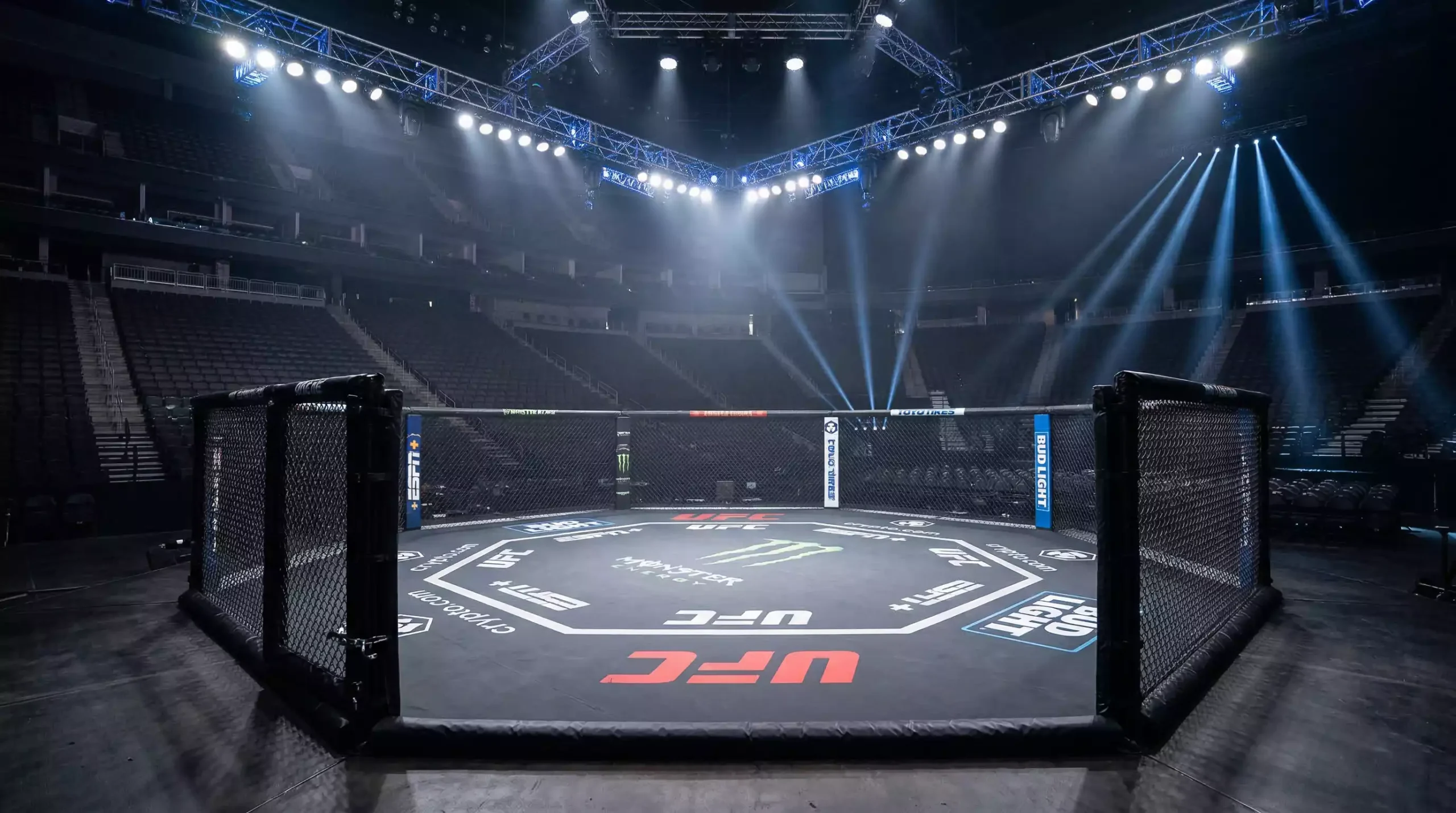 Octágono de UFC vacío con iluminación profesional