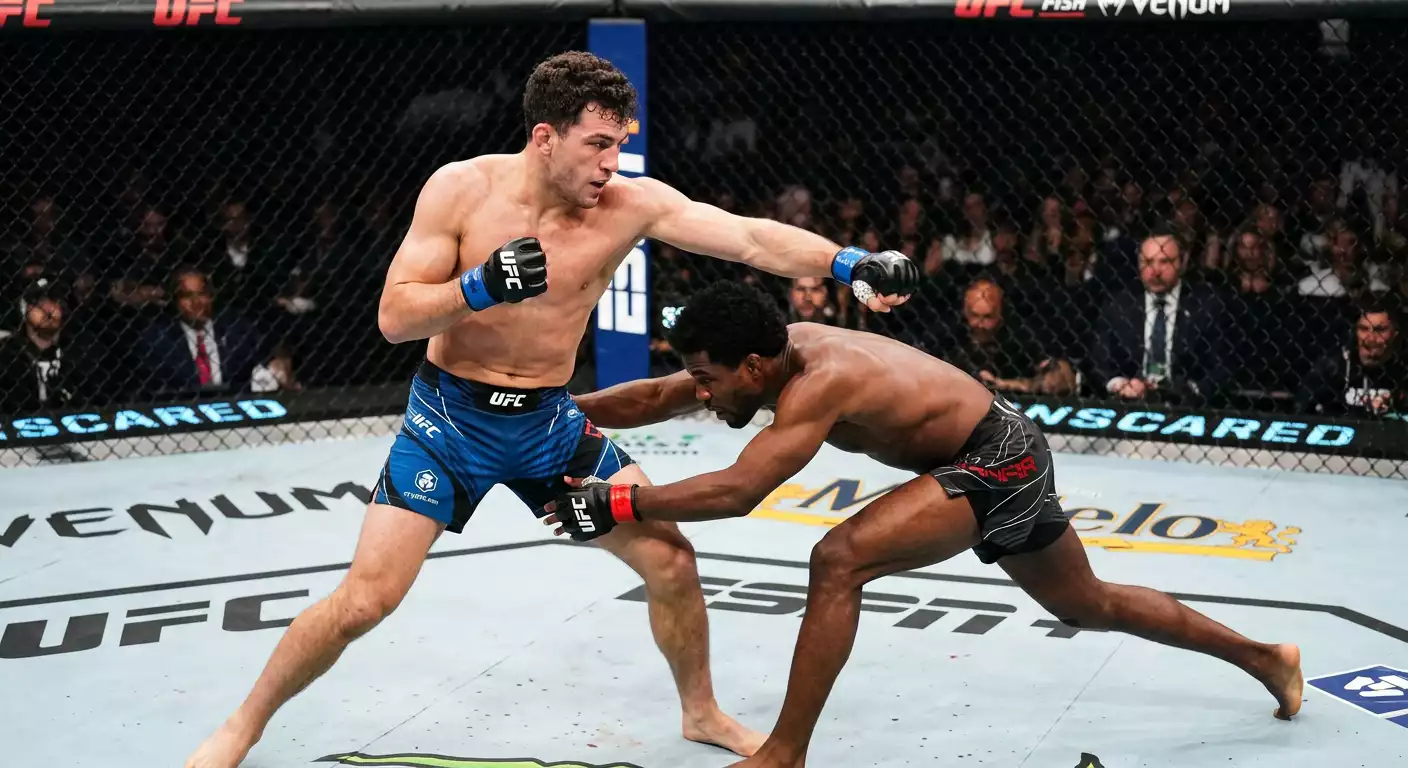 Striker lanzando golpe contra grappler en octágono UFC